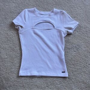 White Ribbed Cutout Top
